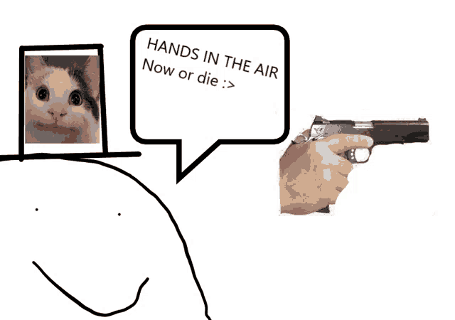 a drawing of a cat and a hand pointing a gun with a speech bubble that says hands in the air now or die