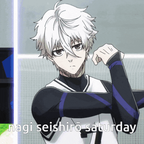 a picture of a boy with white hair and the words nagi seishiro saturday below him