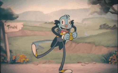 a cartoon character is dancing in front of a sign that says town