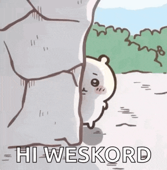 a cartoon of a bear peeking out from behind a rock with the words `` hi weskord '' .