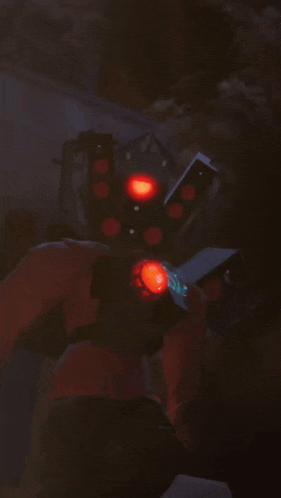 a blurred image of a person holding a gun with red lights behind them