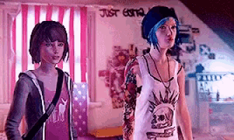 two girls are standing next to each other in a room with a striped curtain .