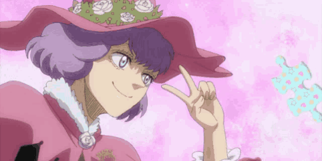 a girl with purple hair wearing a pink hat with flowers on it