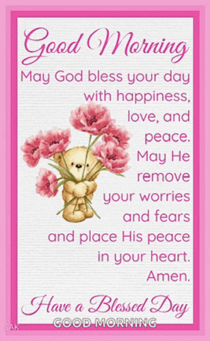 a good morning card with a teddy bear holding a bouquet of flowers .