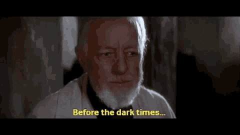 a man with a beard is saying `` before the dark times ... ''