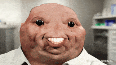a cartoon of a man with a big head smiles with hailuo ai in the corner