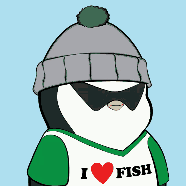 a penguin wearing a hat and sunglasses is wearing a shirt that says " i love fish "