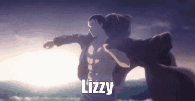 a man with his arms outstretched is being held by a bear and the name lizzy is on the bottom of the image .