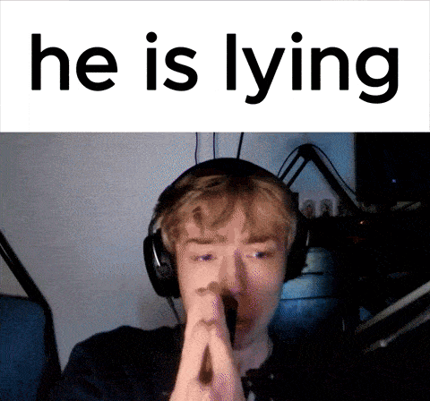 a man wearing headphones with the words " he is lying " behind him