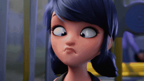 a cartoon girl with blue hair is making a sad face