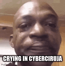 a man is crying in cyberciruja with a tear running down his cheek .