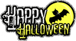 a happy halloween sign with a bat and moon