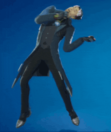 a man in a suit and trench coat is dancing on a blue background
