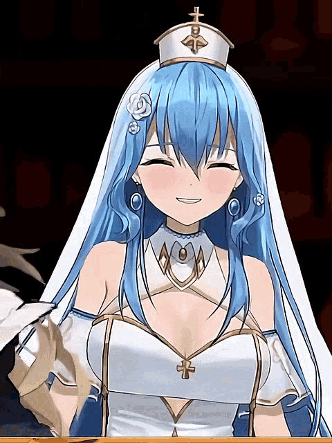 a girl with blue hair is wearing a white dress and a nurse 's hat