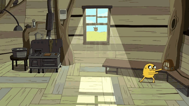 a cartoon character standing in a room with a stove