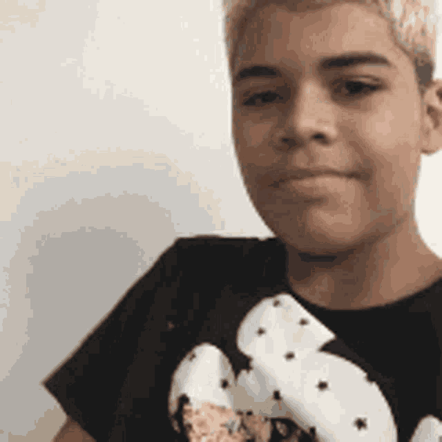 a young boy wearing a black shirt with a mickey mouse on it is looking at the camera .