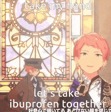 a man with pink hair is standing in front of a stained glass window and says take my hand