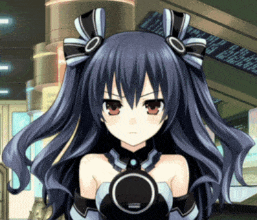 a black and white anime girl with a circle around her neck looks angry