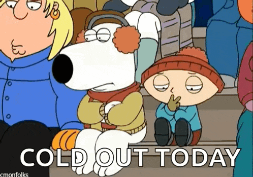 a cartoon of a group of people sitting on stairs with the words `` cold out today '' written below them .