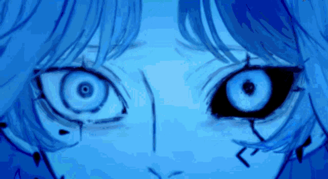 a close up of a person 's face with blue hair and black eyes