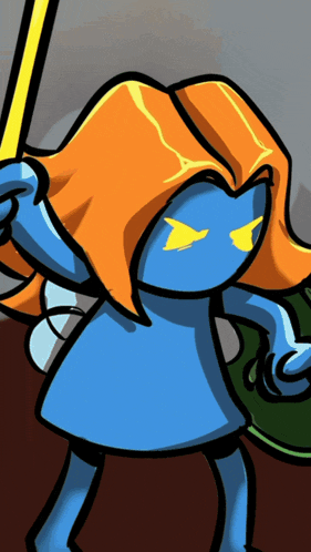 a blue cartoon character with orange hair and yellow eyes is holding a sword