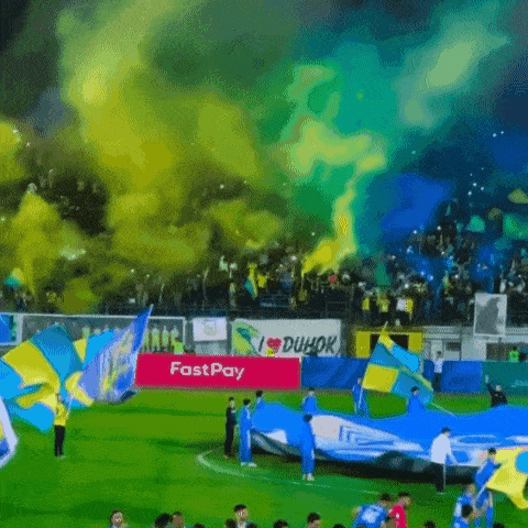 a soccer field with a fastpay banner in the background