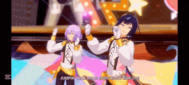 a couple of anime characters are dancing on a stage and one of them is saying jumpin luck beat everybody ride on .