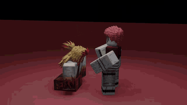 two roblox characters are hugging each other in a dark room