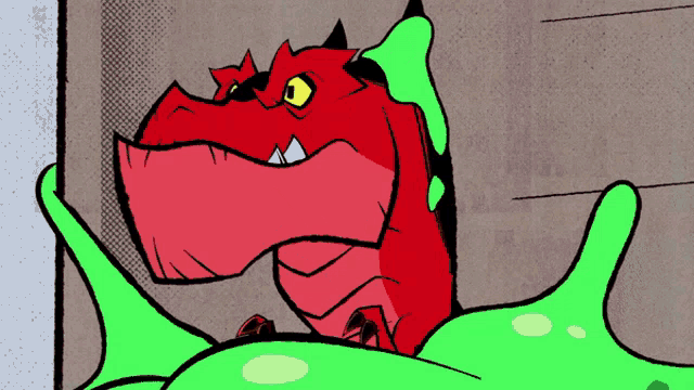 a cartoon drawing of a red dragon with a green tail