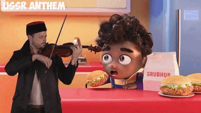 a man playing a violin next to a cartoon character that says grubhur