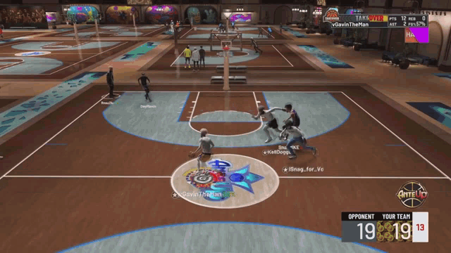 a basketball game is being played with a score of 19-19