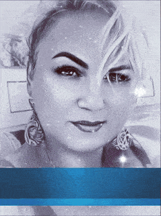 a woman 's face is shown in a black and white photo with a blue background