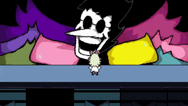a pixel art of a skeleton holding a baby in front of a rainbow colored background .