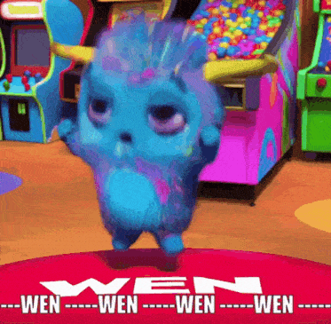 a blue monster is dancing in an arcade with the words wen wen wen wen wen