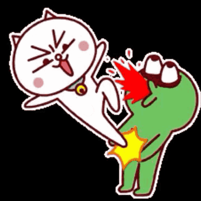a cartoon cat is kicking a frog in the back .