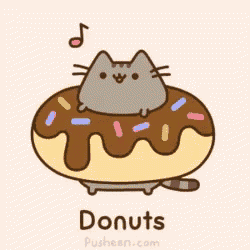 a cat is sitting on top of a chocolate donut with sprinkles .