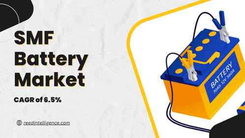 an advertisement for the smf battery market with a picture of a battery being charged