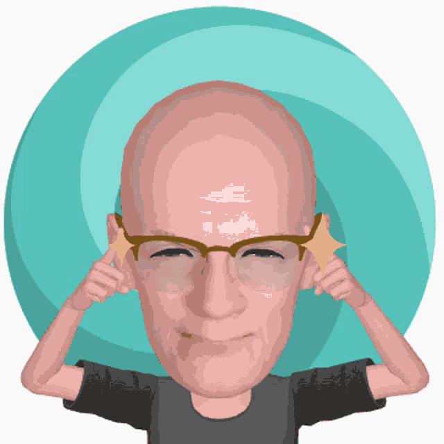 a cartoon of a man with glasses covering his ears with his hands