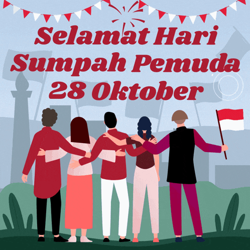 a poster that says selamat hari sumpah pemuda 28 oktober with a group of people hugging each other
