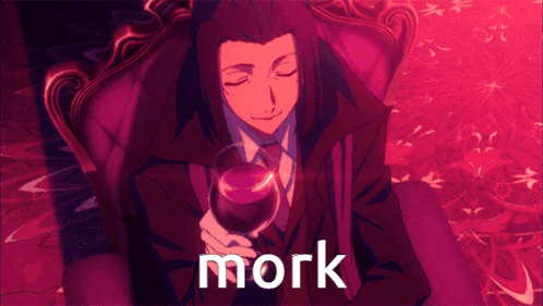 a man in a suit and tie is holding a glass of wine and the word mork is on the bottom right