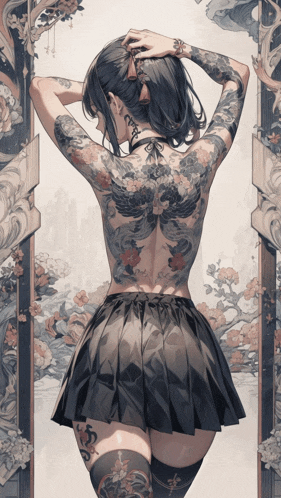 a woman with a lot of tattoos on her back is standing in front of flowers