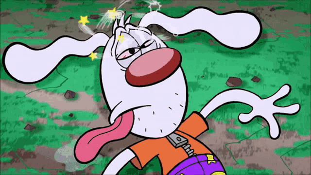 a cartoon dog with a pink tongue sticking out is laying on the ground