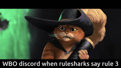 a cat wearing a hat and holding a cane with the words wbo discord when rulesharks say rule 3 on the bottom