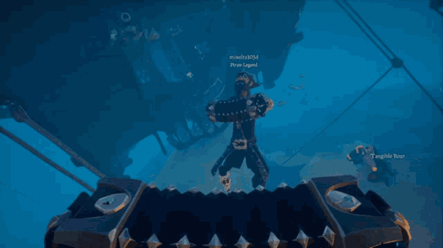 a video game shows a skeleton swimming in the water