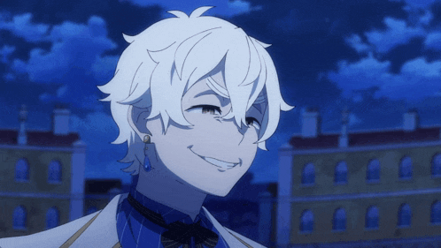 a cartoon character with white hair and a bow tie is smiling