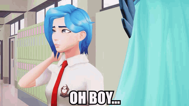 a girl with blue hair says oh boy