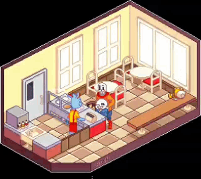 a pixel art drawing of a kitchen with a table and chairs .