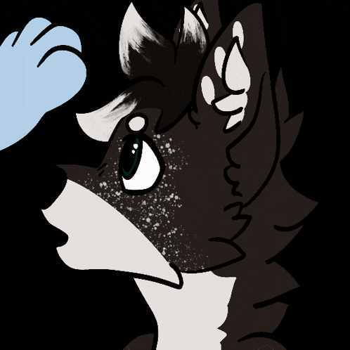 a black and white drawing of a cat with a blue paw scratching its face