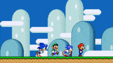 a video game scene with sonic mario and luigi walking