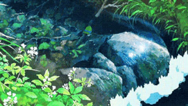 a waterfall is surrounded by trees and rocks in a painting
